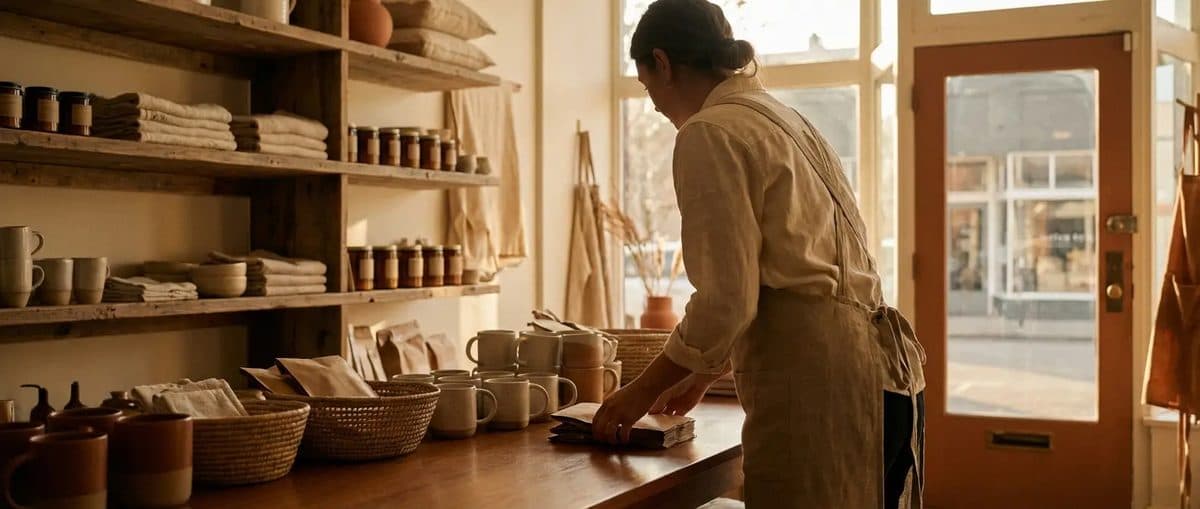 Small business owner at the counter of their newly opened shop