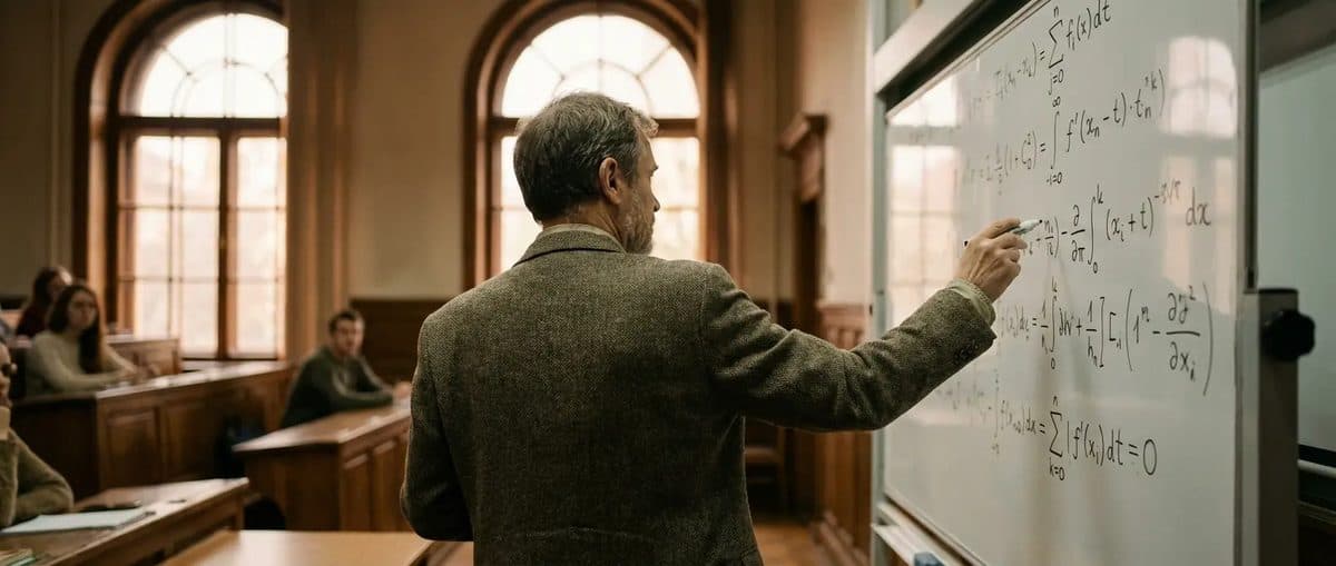 Researcher presenting at a whiteboard in a warm-lit university room