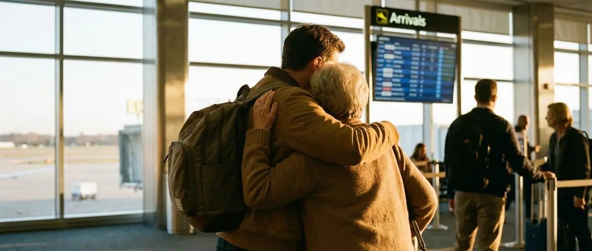 Parent and adult child embracing at an airport arrivals gate