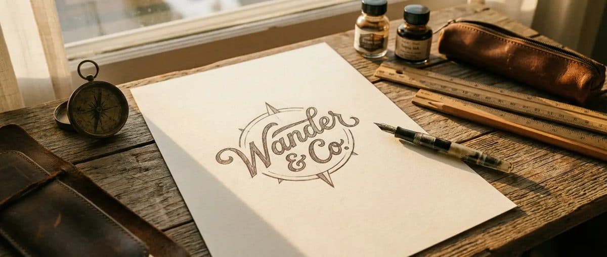 Brand logo sketch on cream paper with a fountain pen